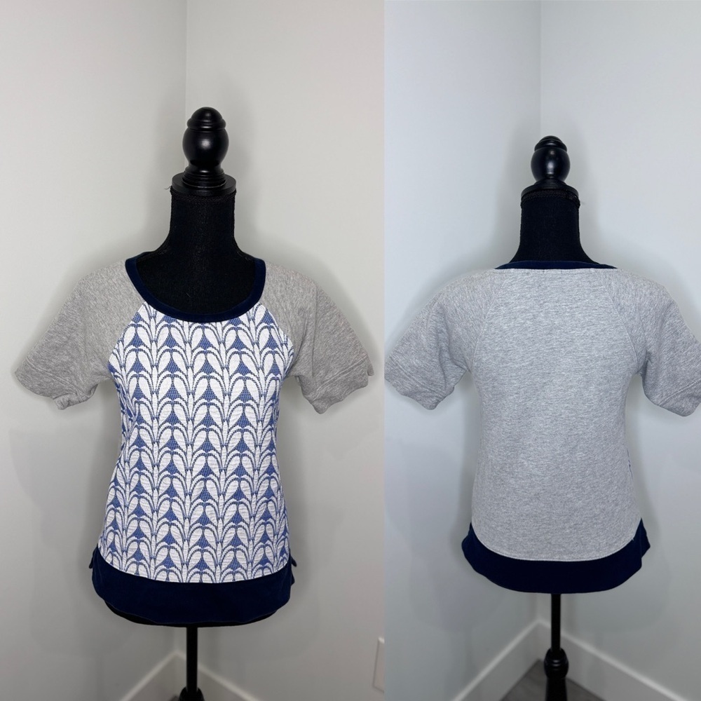 J. Crew Short Sleeve Textured Blue and Gray Top (XS)